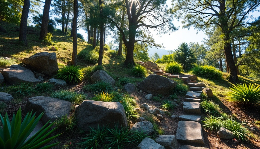 Lush hillside garden with rocks and plants, perfect for home gardening.