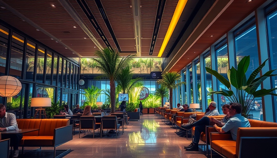 Elegant Centurion Lounge in Atlanta with passengers relaxing at night.