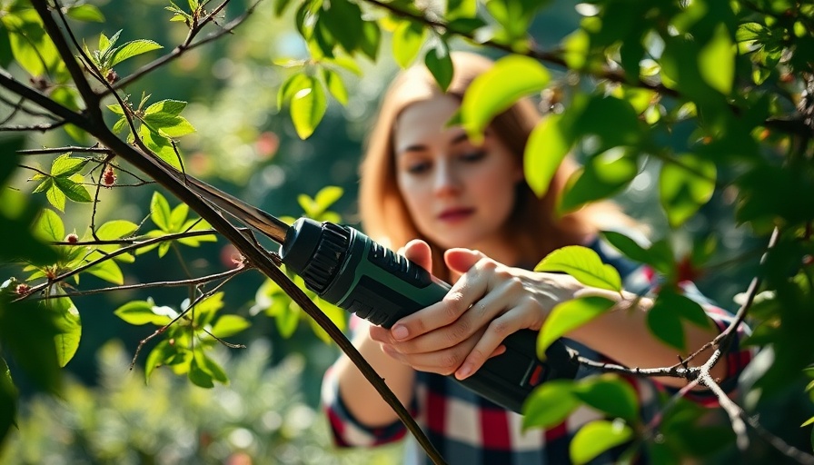 Woman using cordless power tool in garden