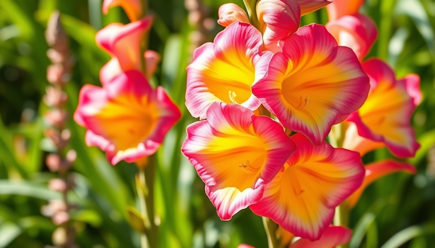 Vibrant gladiolus flowers blooming in sunlight.
