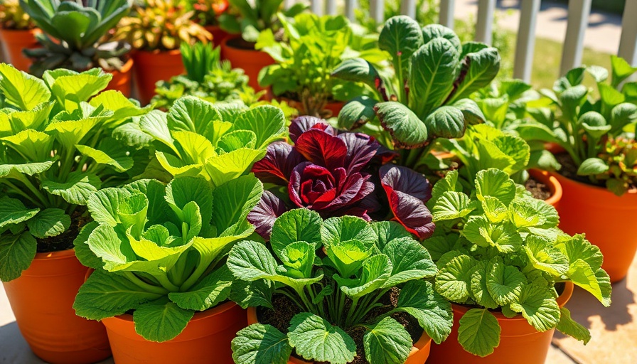 Vibrant container gardening with lettuce and leafy vegetables in sunlight.
