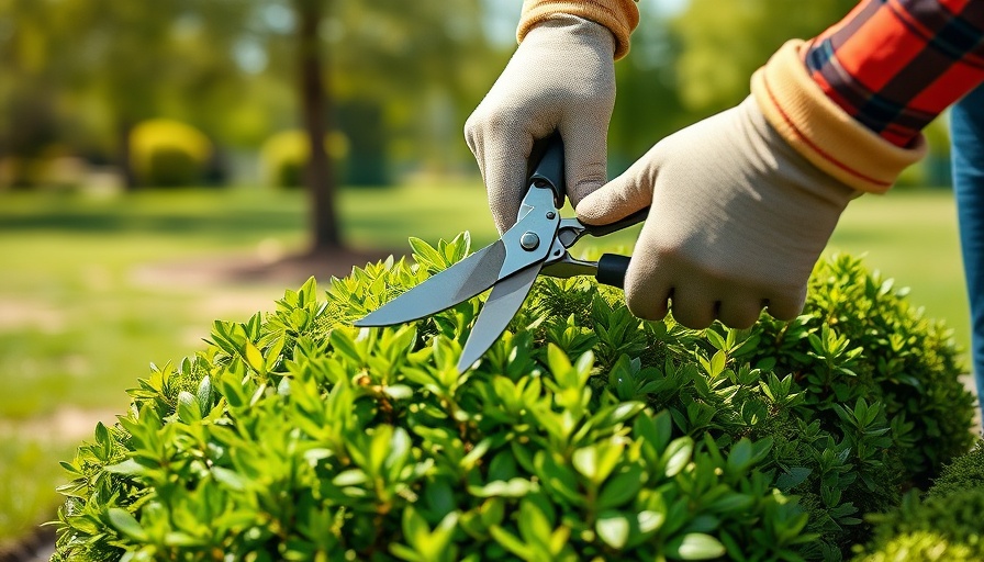 Gardener pruning boxwood shrub in a sunny garden setting