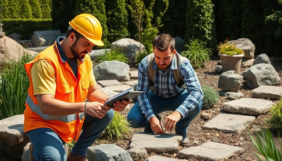 Landscapers discussing stone placement and costs in garden.