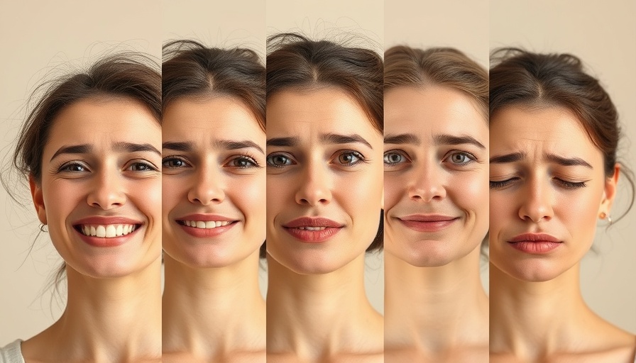 Five stages of a woman's facial expressions reflecting advisor grief.