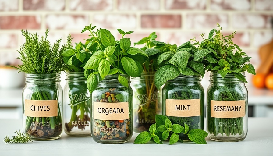 Herbs in mason jars on a countertop against a brick wall.