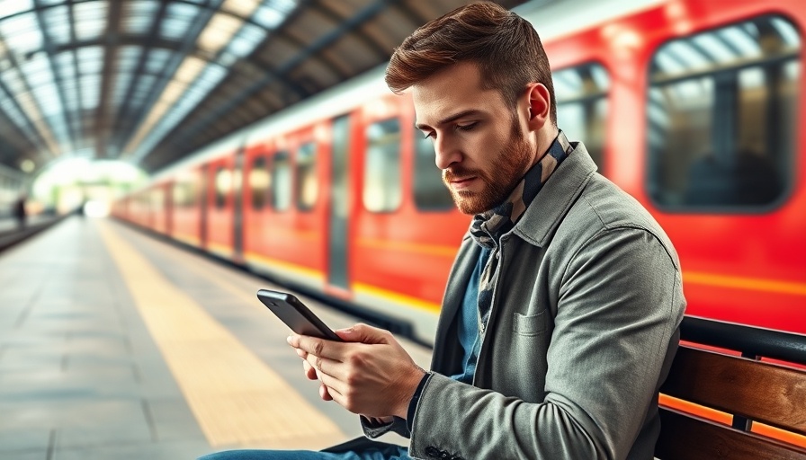 Man using smartphone at train station, holiday returns management.