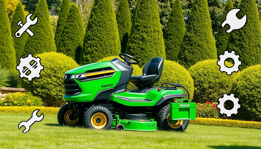 Green lawn tractor and maintenance icons in lush garden setting