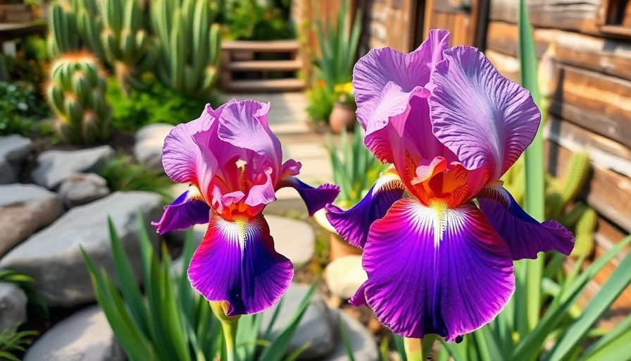 Bearded irises in a rustic home garden with stone paths