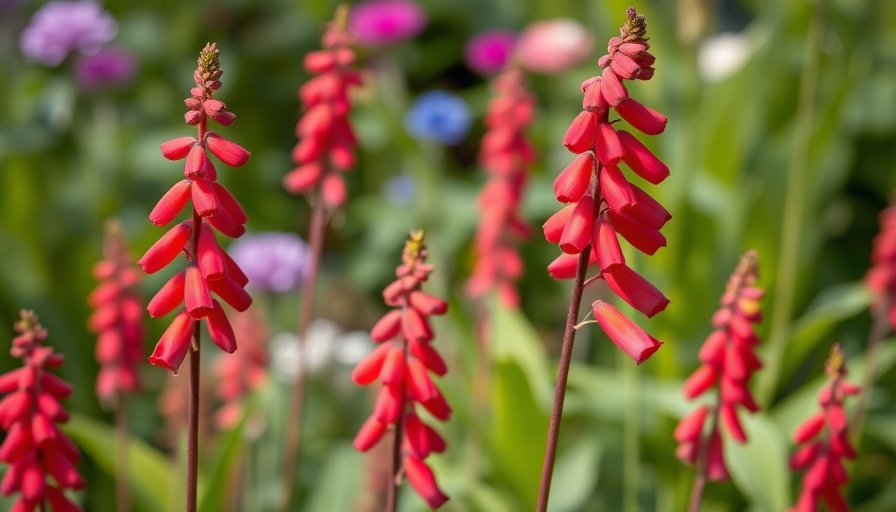 Vivid red penstemon flowers in a lush garden setting.