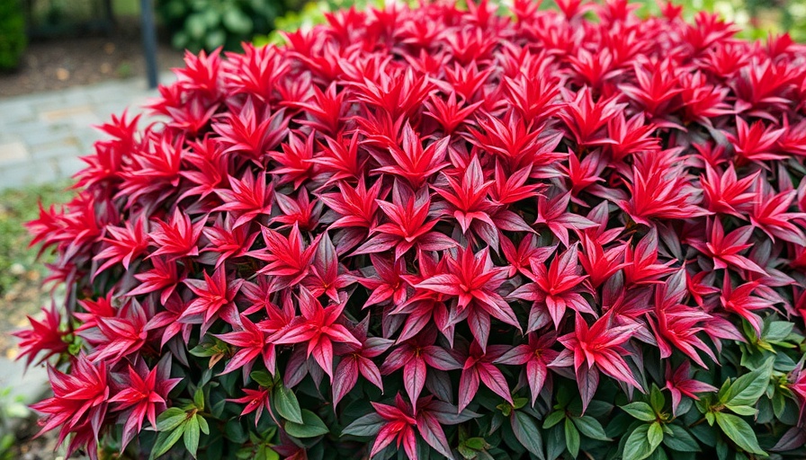 Vibrant Japanese Andromeda shrub with red leaves in a garden setting.