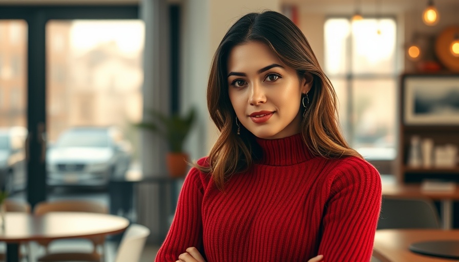 Confident woman in red sweater, modern magazine cover, Public Relations in AI Search Era.