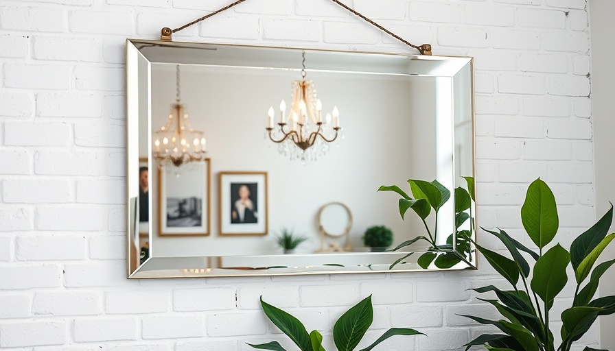Stylish DIY mirror on a white brick wall reflecting elegant room interior.
