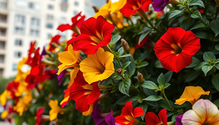 Vibrant types of petunia plants in various colors blooming in urban setting.