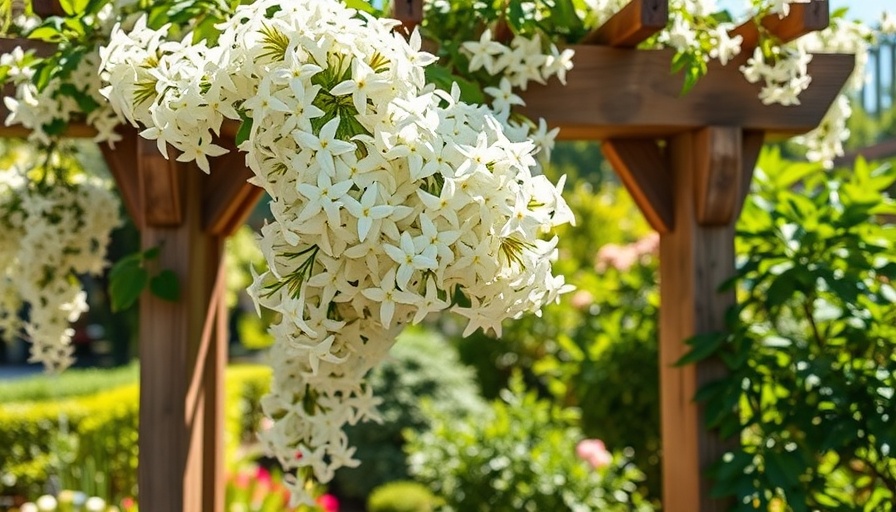 Jasmine plants covering a garden arbor in full bloom.