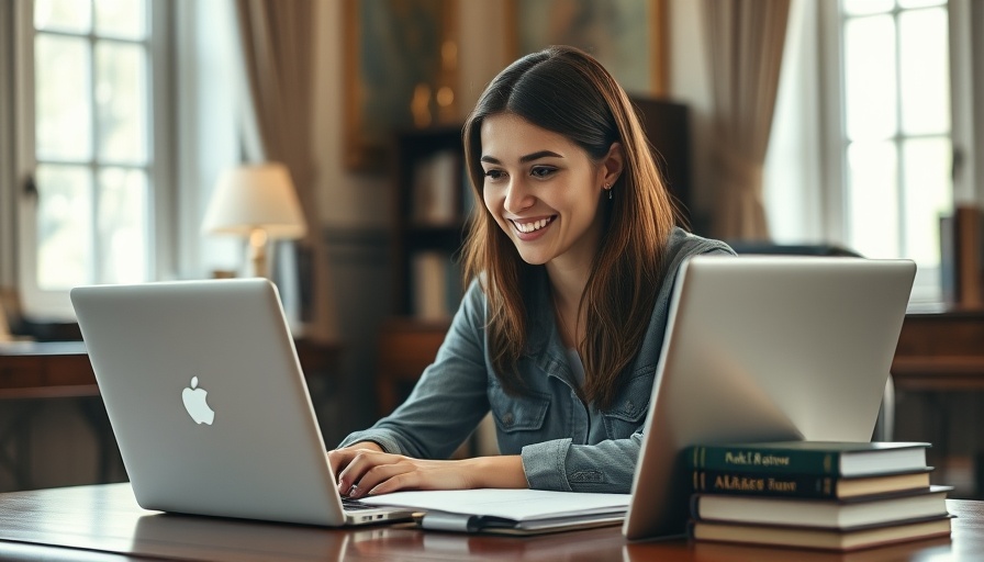 Young woman smiling while working on a laptop, illustrating how to start a hat business.