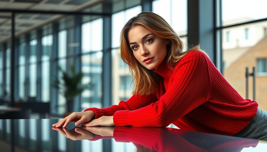 Elegant woman in red sweater in modern office setting.
