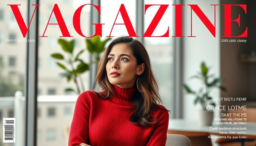 Magazine cover with woman in red sweater, relaxed in office.