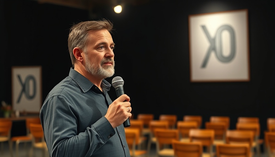 Middle-aged man speaking on stage with chairs and 'XO' backdrop.