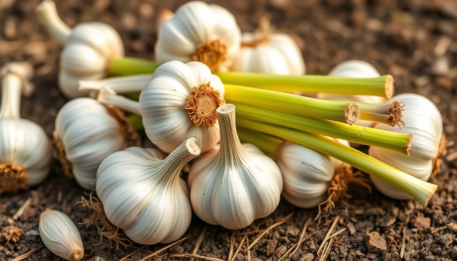 Freshly harvested garlic bulbs with long green stems on display.