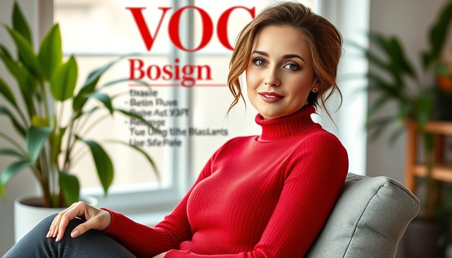 Confident woman posing on magazine cover, red attire, modern design.