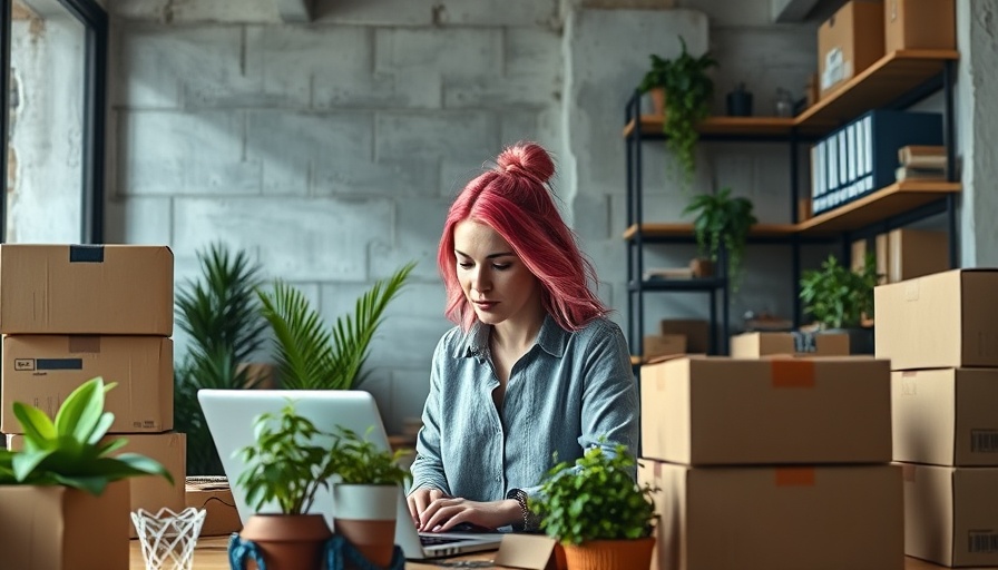 Young businesswoman in modern office working on laptop with boxes.
