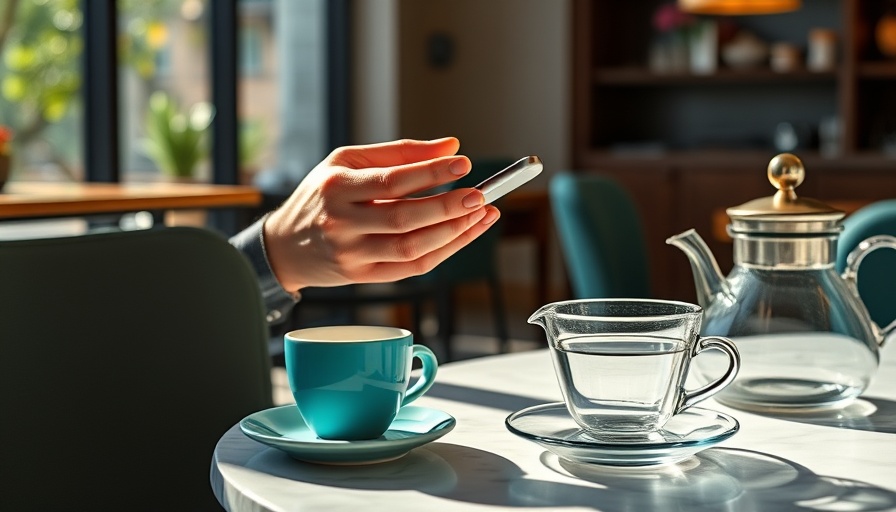 Modern cafe contactless payment scene with tea cup