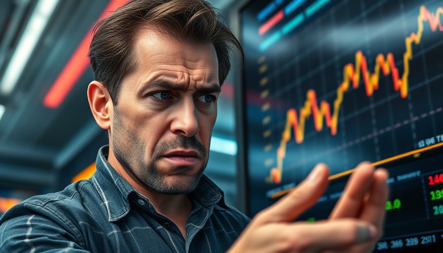 Stressed person analyzing stock market impact data; AI Economic Impact on Small Businesses.