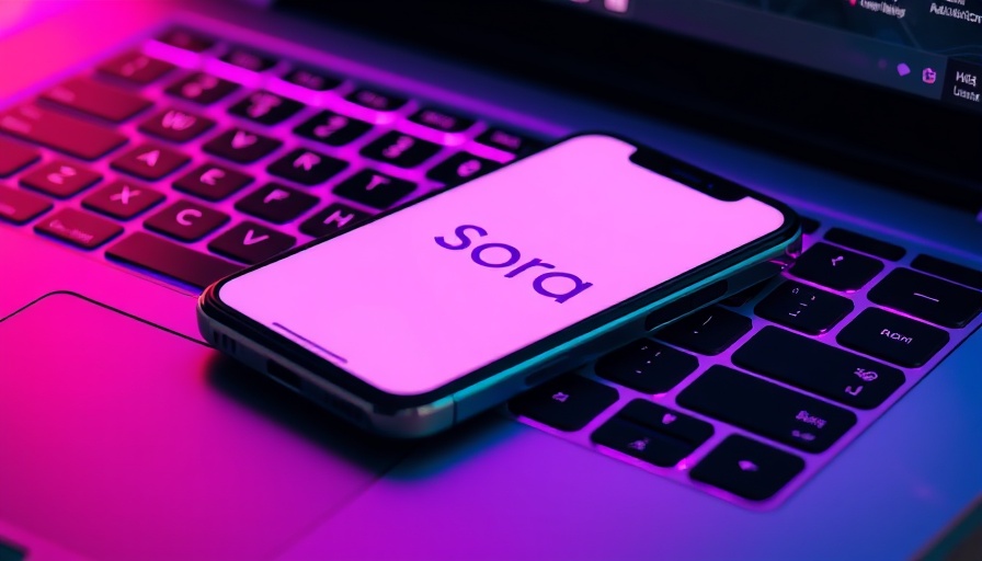 Sora app logo on smartphone, vibrant keyboard backlight.