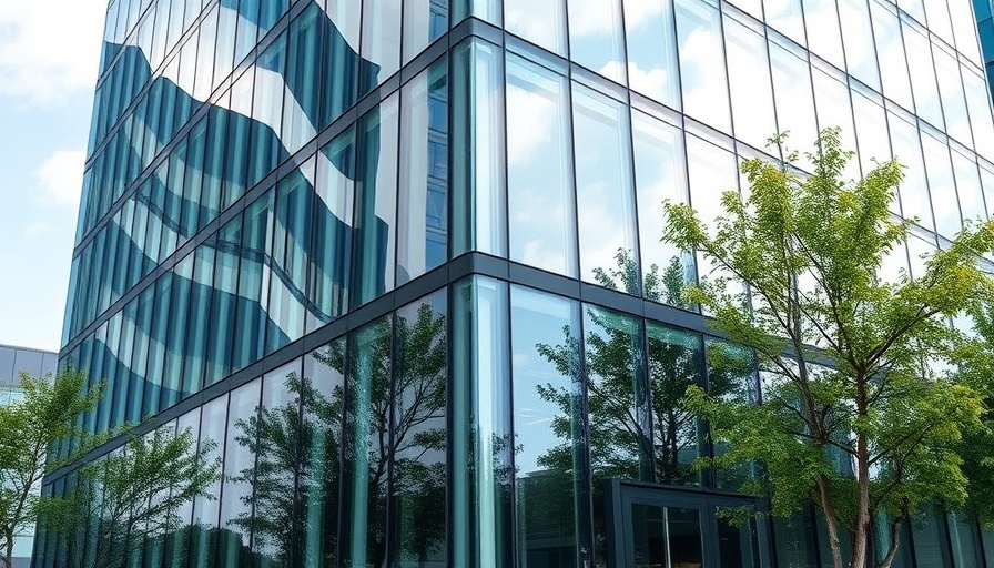 Modern office building with glass facade reflecting surroundings, AI agent for customer support