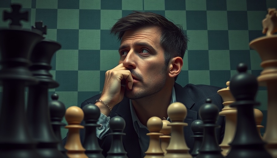 Abstract art of a man contemplating AI strategies with chess pieces.