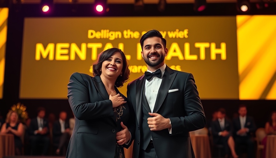 Elegantly dressed speakers at a mental health gala addressing harmful effects of social media on youth.