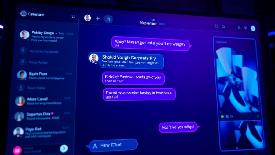 Messenger chat interface displaying messages, blue-purple gradient background.