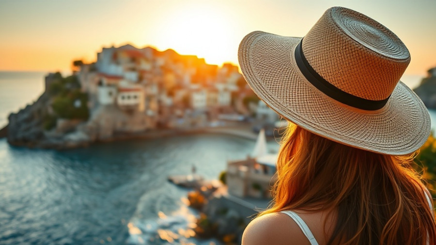 AI generated summer vacation photo of woman overlooking coastal village.