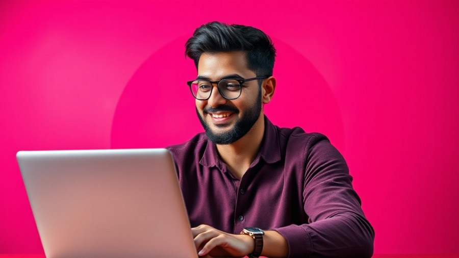 Thoughtful man smiling over a laptop, vibrant pink-red background.