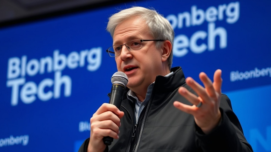 Middle-aged man speaking at Bloomberg Tech conference, discussing AI.