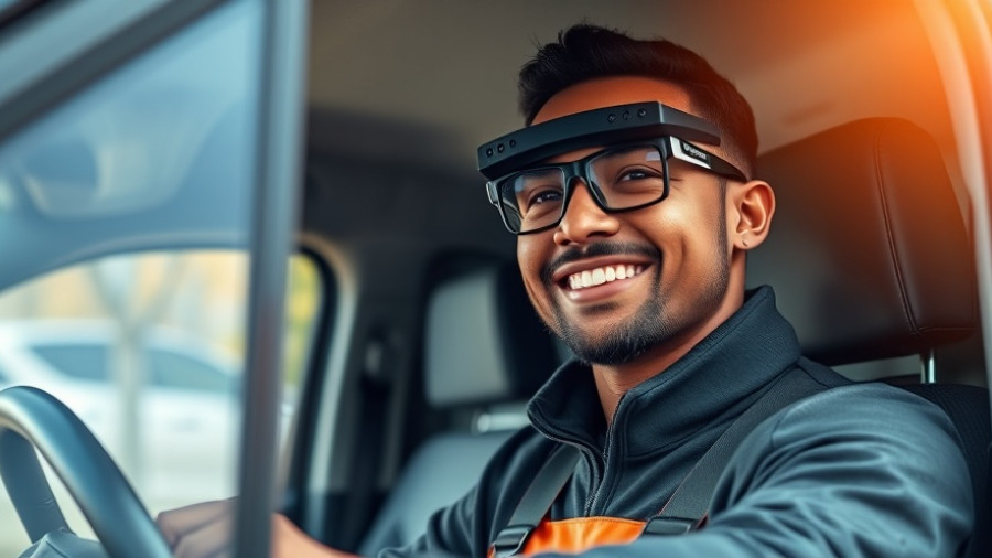 Delivery driver wearing AI-powered smart glasses, smiling inside vehicle.