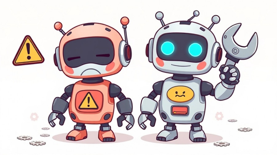 AI assistants addressing issues with a wrench, cartoon style