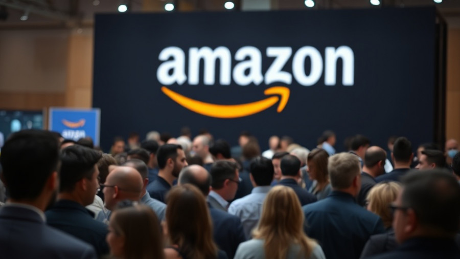 Amazon AWS logo at a busy business event, networking scene.