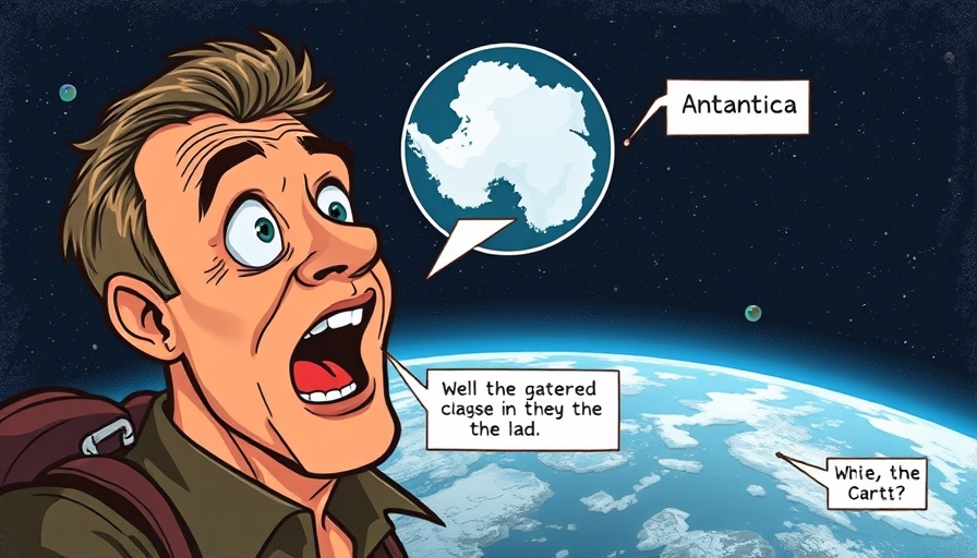 Vintage illustration of space view of Earth with Antarctica, man reacting.