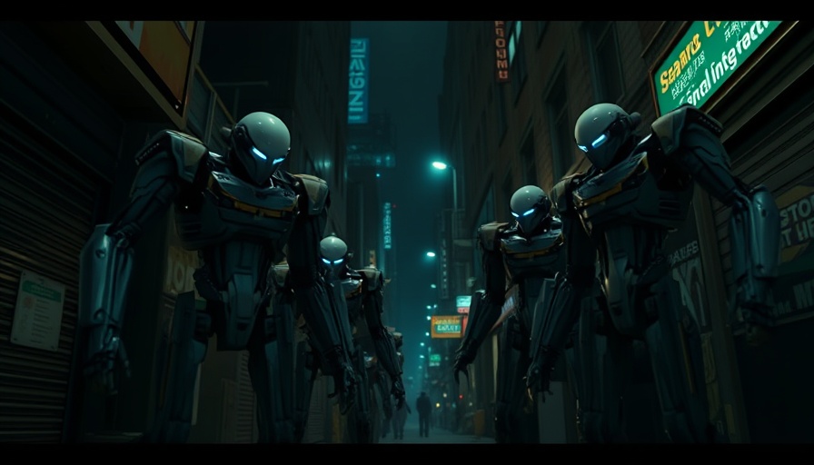 AI-generated music video scene with robots on dark street, critique of Trump tariffs.