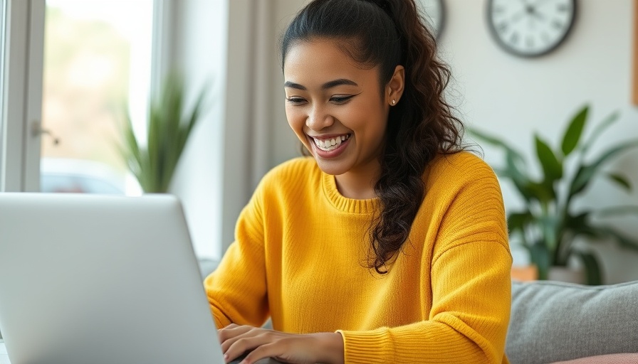 Woman smiling and using laptop, working from home setting.