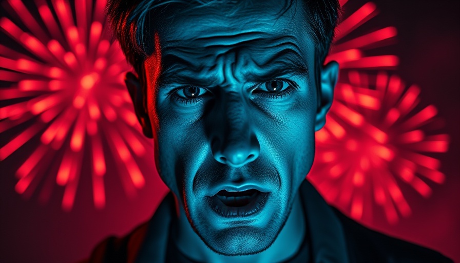 Vivid blue-faced man showing anxiety with red fireworks backdrop.