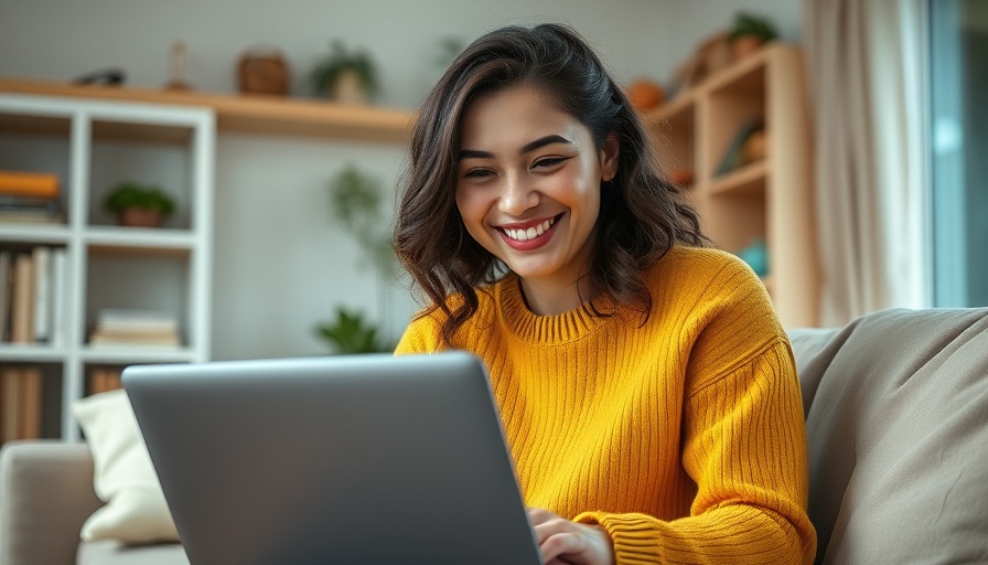 Woman smiling at laptop in cozy room for Jatee Kearsley Brooklyn Bakery ad.