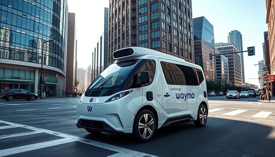Waymo autonomous vehicle on city street, urban background