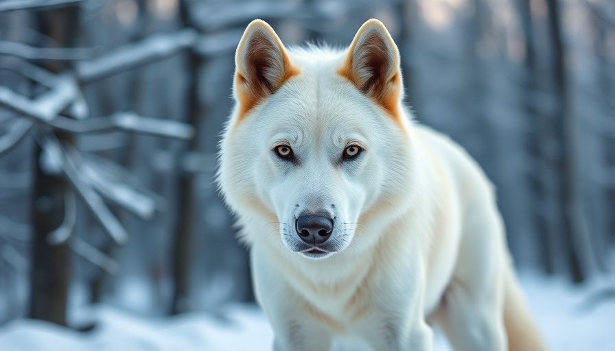 Majestic white canine with intense gaze in snowy forest capturing 'Brought Back the Dire Wolf'