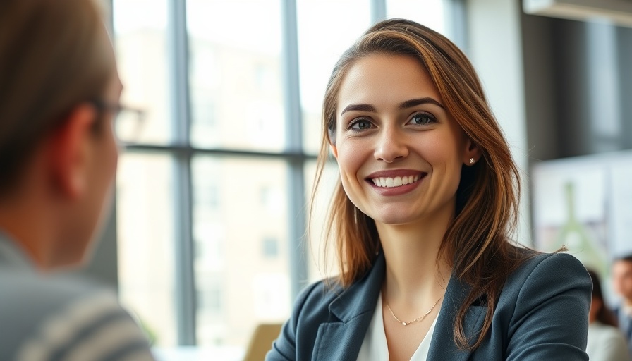 Confident woman in leadership program ad, Neurodivergence Impact Work.