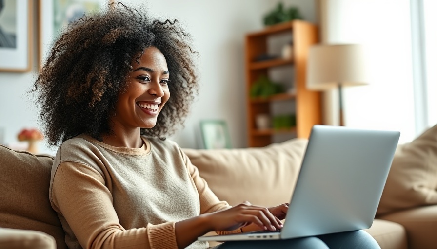 Happy woman working at home on a laptop, representing freelance jobs for stay-at-home parents.