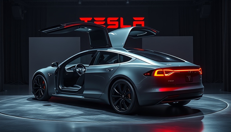 Futuristic Tesla Cybercab on stage with open doors