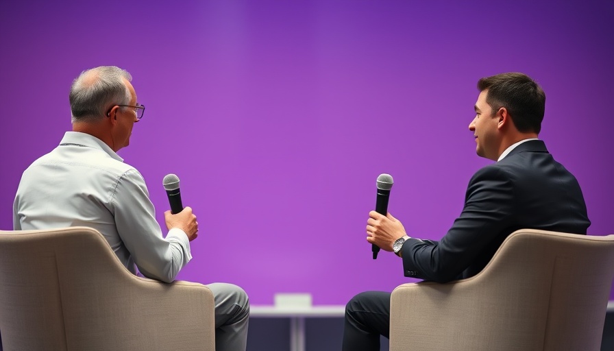 Two men speaking at a conference with a purple backdrop discussing AI Code Generation.