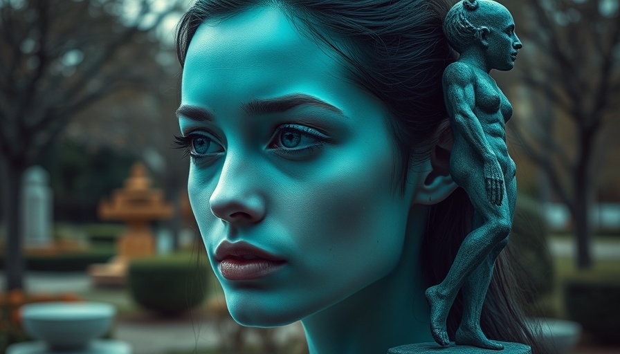 Teal-toned artistic portrait and sculpture collage in natural setting.